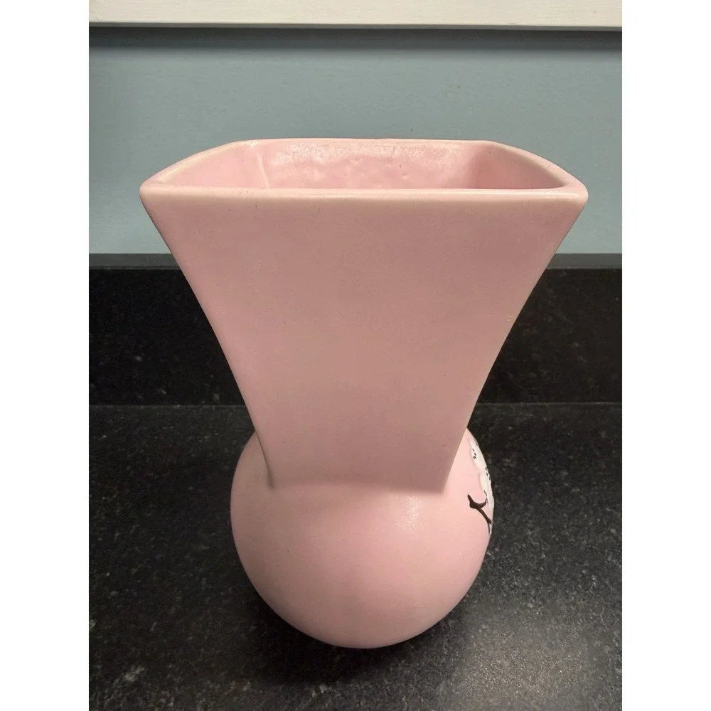 Vintage McCoy Spring Wood Dogwood Vase Pair Pink Green Matte‎ Pottery USA